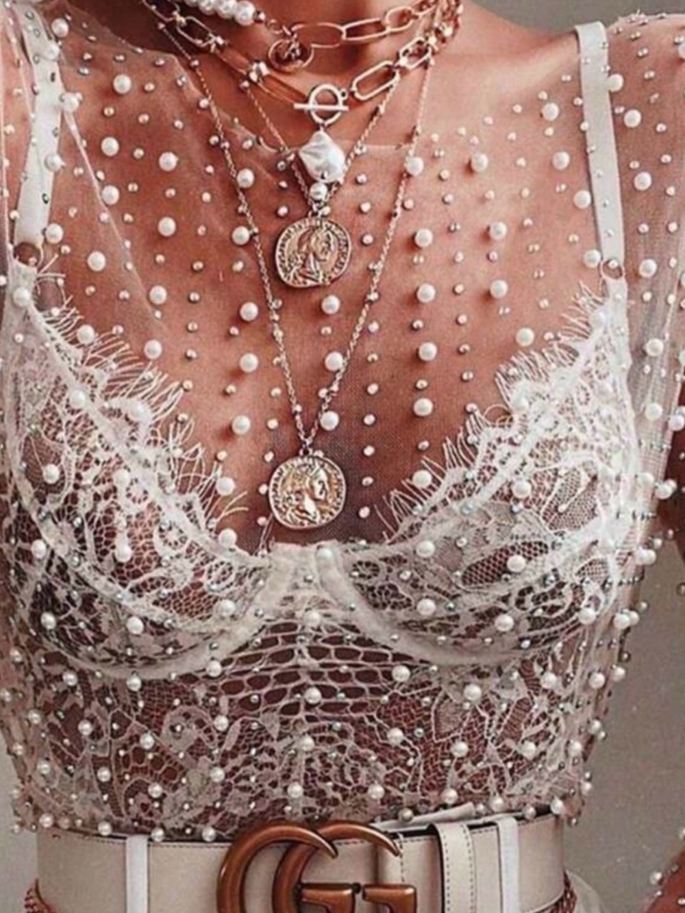 Sheer White Faux Pearl-Appliqué Lace Top